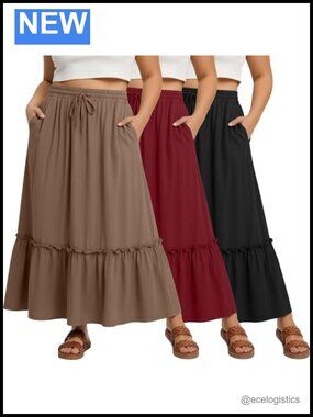 3 Pack Plus Size Boho Maxi Skirts with Pockets Tiered Ruffle Flowy